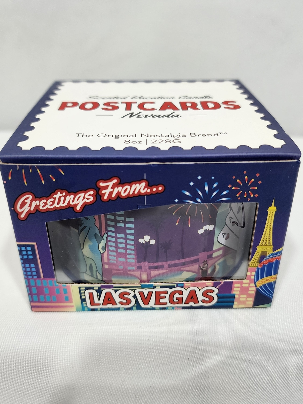NWT Postcards Las Vegas Nevada Coconut-Soy Scented Candle 8 oz Red Rose Saffron